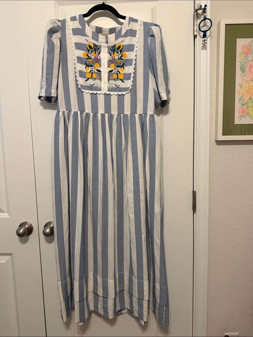 JODIFL Blue & White Striped Dress with Yellow Lemon Floral Bib